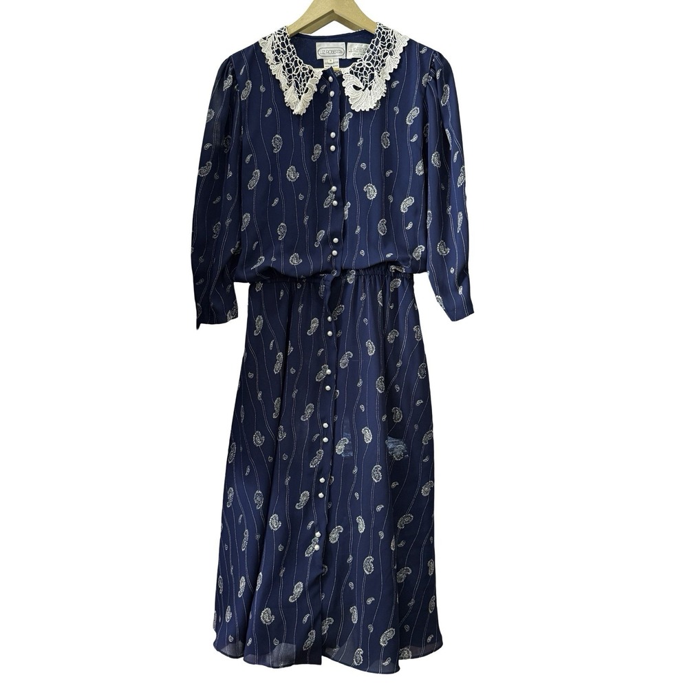 Liz Roberts Womens Size 8 Navy Paisley Lace Collar Long Sleeve Midi Dress Korea